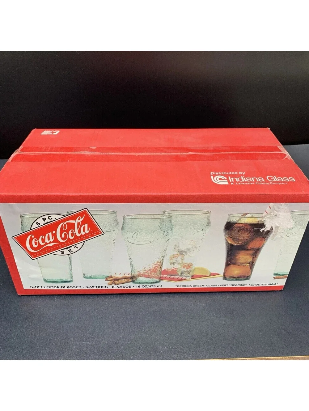Vtg Indiana Glass Coca Cola Georgia Green Pebble Bell 16oz Glasses Set of 7 Box
